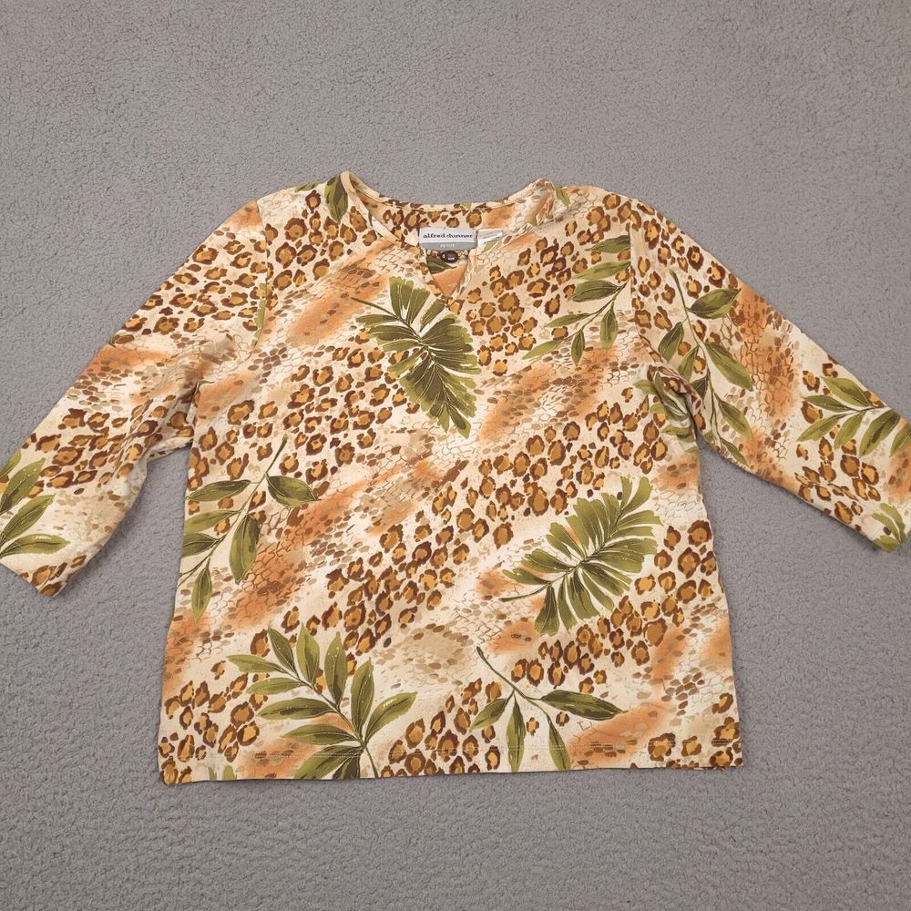 Alfred Dunner Top Womens Petite Medium PM Leaf Jewel Keyhole Neckline 3/4 Sleeve